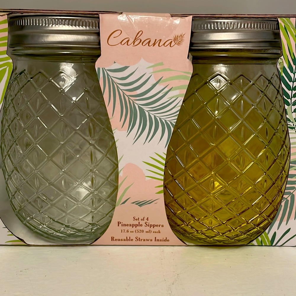 Cabana set of 4 pineapple mason jars with lids & reusable straws NEW 4 colors